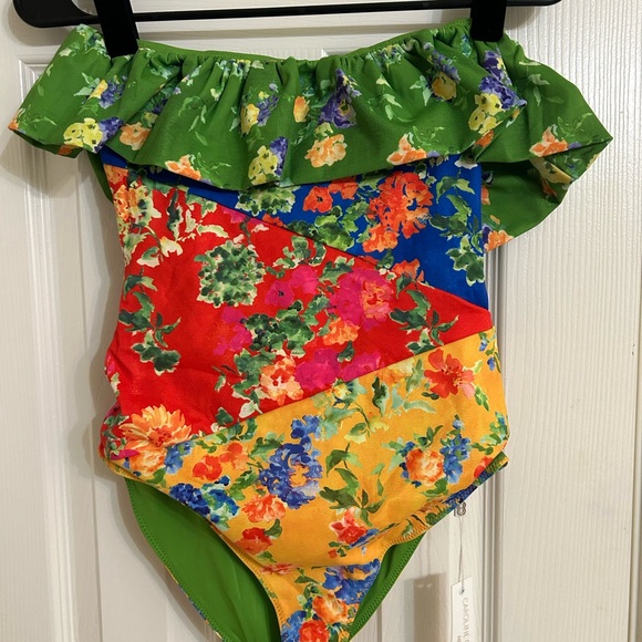 Caroline Constas Green and Red One Piece Swimsuit with Ruffle Detail - Picture 1 of 8